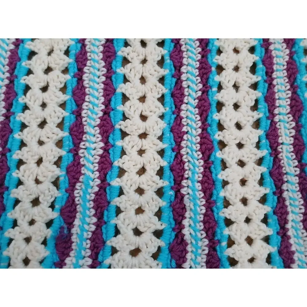 VNT Crochet Blanket Throw Afghan 68.x37 Blue White Stripes Scallop Hippie Granny